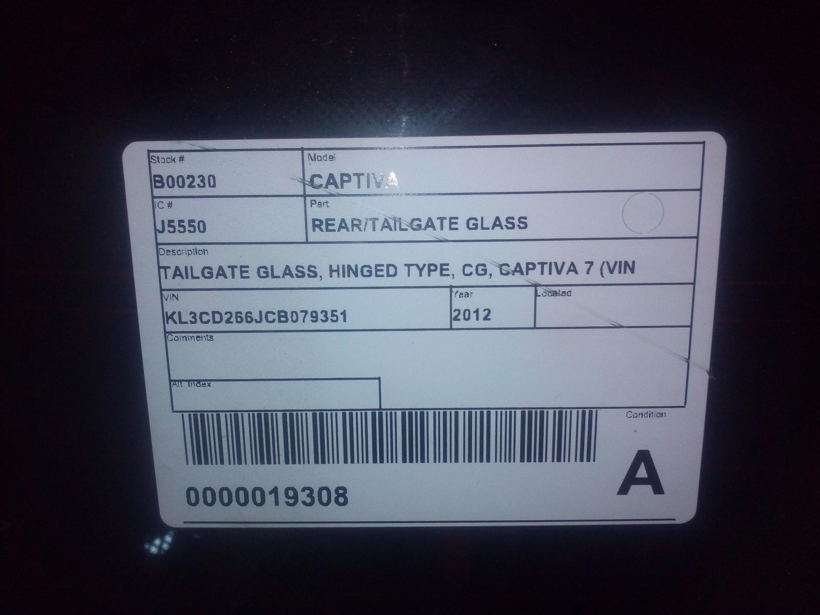 View Auto part Rear/Tailgate Glass Holden Captiva 2012