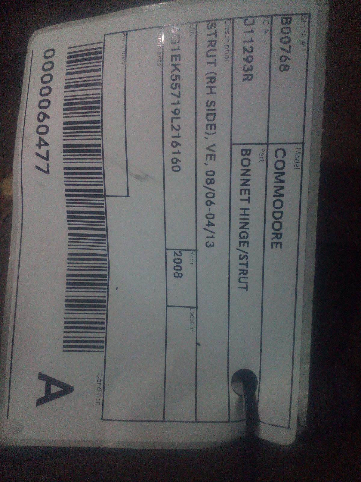 View Auto part Bonnet Hinge/Strut Holden Commodore 2008